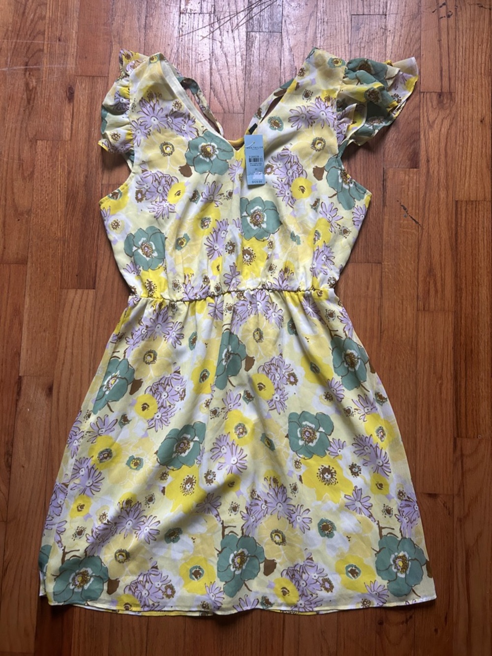 Ann Taylor Factory Yellow Floral V-Neck Dress with Flutter Sleeves